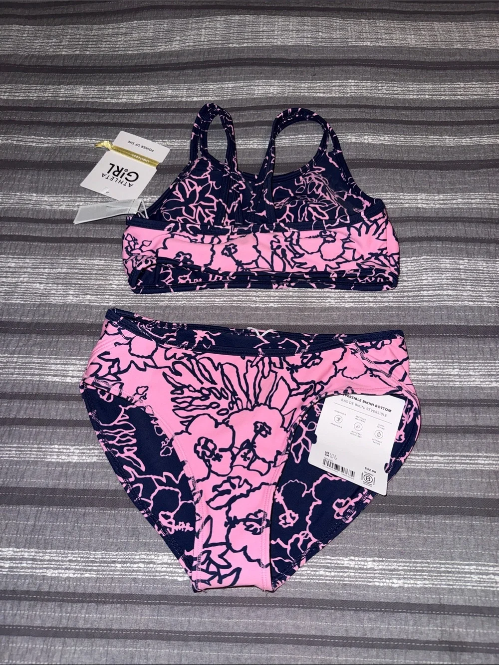 Athleta Girl NWT Pink & Navy Floral Reversible Bikini Set + Black Romper Size 12